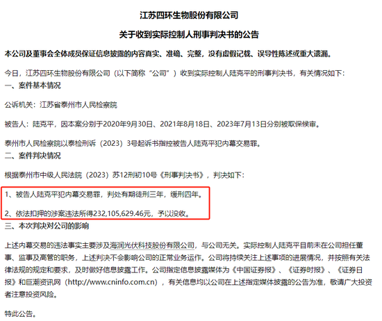 永安期货配资 四环生物实控人陆克平犯内幕交易罪，被判处有期徒刑三年缓刑四年、没收违法所得2.32亿元